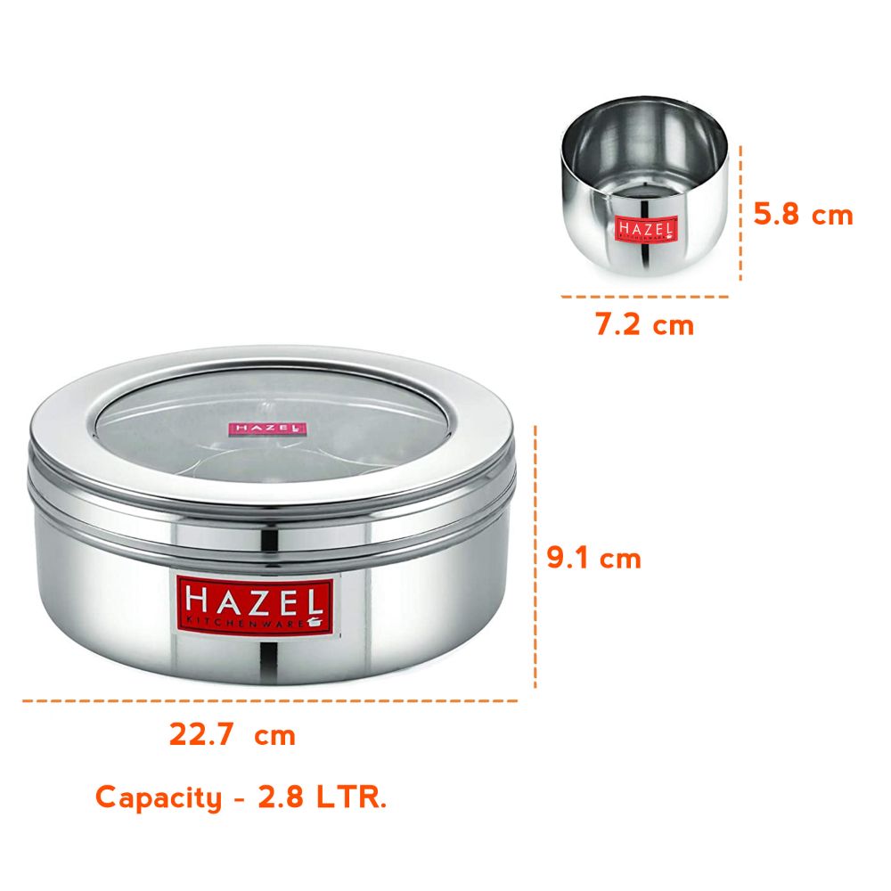 HAZEL Masala Container See Through for Kitchen | Stainless Steel Kitchen Masala Dabba | Big Steel Masala Storage Container Set of 7 Small Masala Jars and Spoon