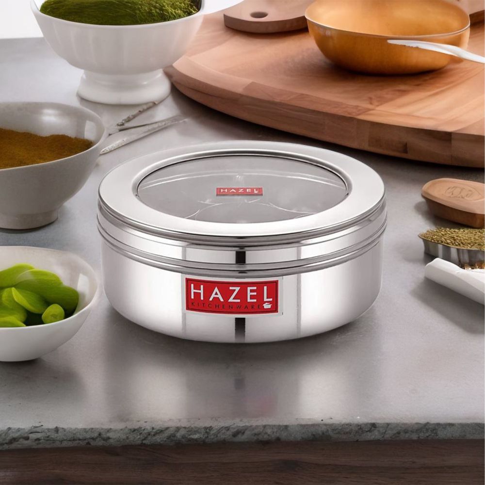 HAZEL Masala Container See Through for Kitchen | Stainless Steel Kitchen Masala Dabba | Big Steel Masala Storage Container Set of 7 Small Masala Jars and Spoon