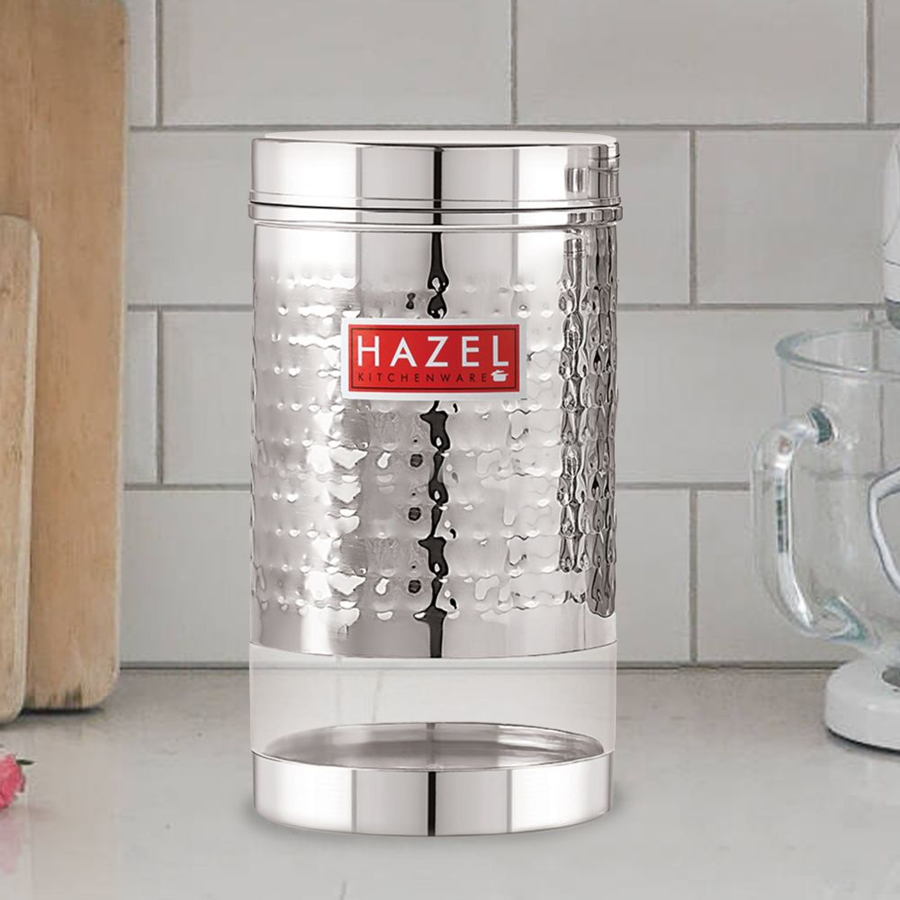 HAZEL Stainless Steel Container For Kitchen Storage Hammered Finish Transparent See Through Glossy Storage Jar Dabba, Set of 1, 900 ML, Silver