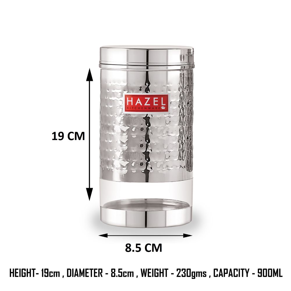 HAZEL Stainless Steel Container For Kitchen Storage Hammered Finish Transparent See Through Glossy Storage Jar Dabba, Set of 1, 900 ML, Silver