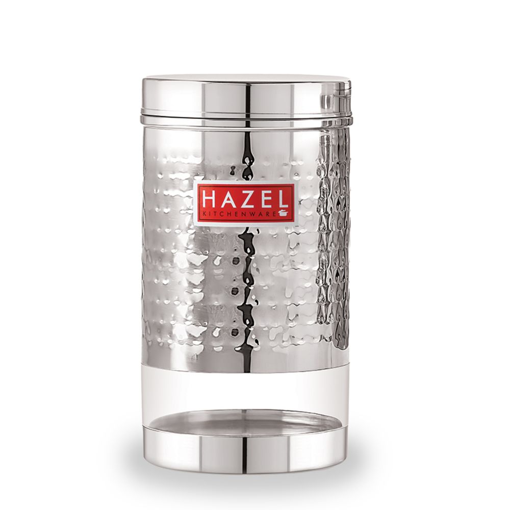 HAZEL Stainless Steel Container For Kitchen Storage Hammered Finish Transparent See Through Glossy Storage Jar Dabba, Set of 1, 900 ML, Silver