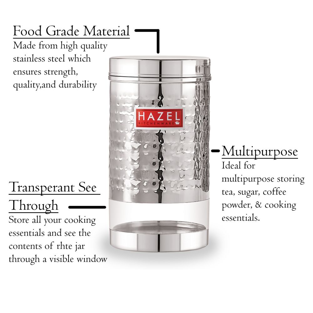 HAZEL Stainless Steel Container For Kitchen Storage Hammered Finish Transparent See Through Glossy Storage Jar Dabba, Set of 1, 900 ML, Silver