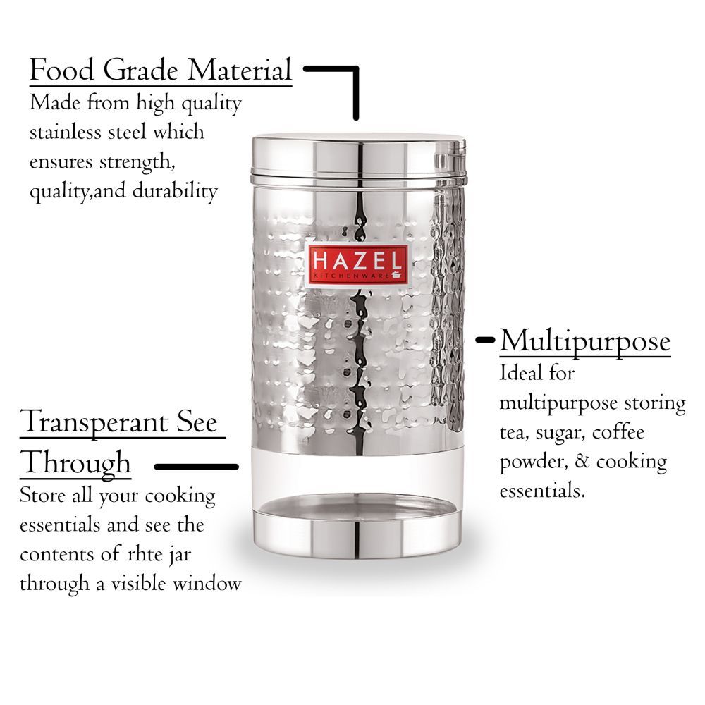 HAZEL Stainless Steel Container For Kitchen Storage Hammered Finish Transparent See Through Glossy Storage Jar Dabba, Set of 1, 1200 ML, Silver