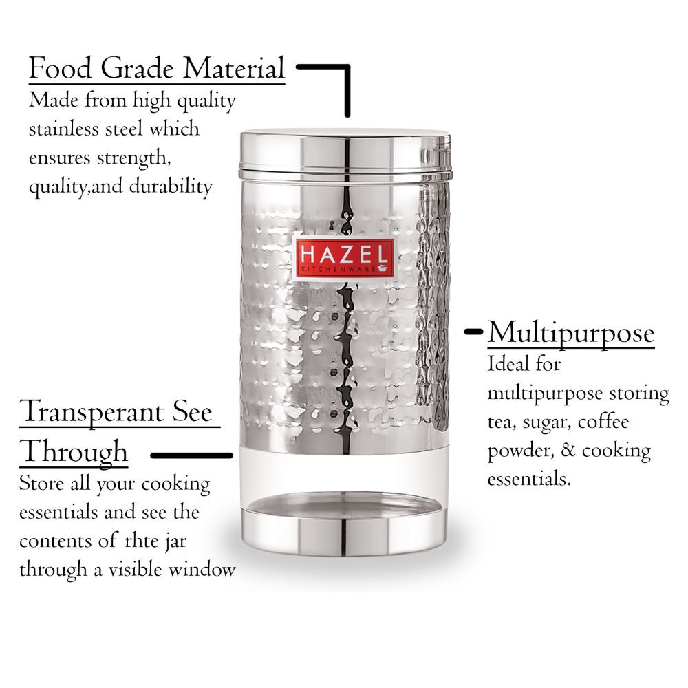 HAZEL Stainless Steel Container For Kitchen Storage Hammered Finish Transparent See Through Glossy Storage Jar Dabba, Set of 1, 1700 ML, Silver