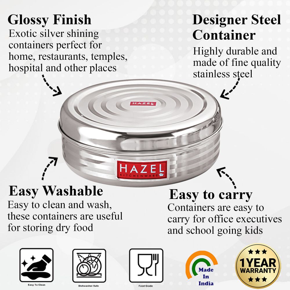 HAZEL Small Container For Kitchen | Round Stainless Steel Container | Container For Kitchen Storage| Small Steel Dabba of Capacity 400 ml