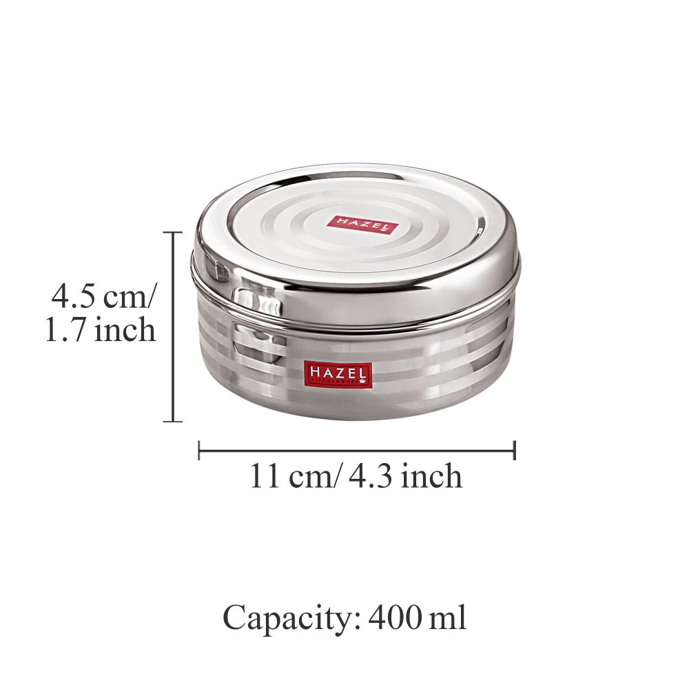 HAZEL Small Container For Kitchen | Round Stainless Steel Container | Container For Kitchen Storage| Small Steel Dabba of Capacity 400 ml