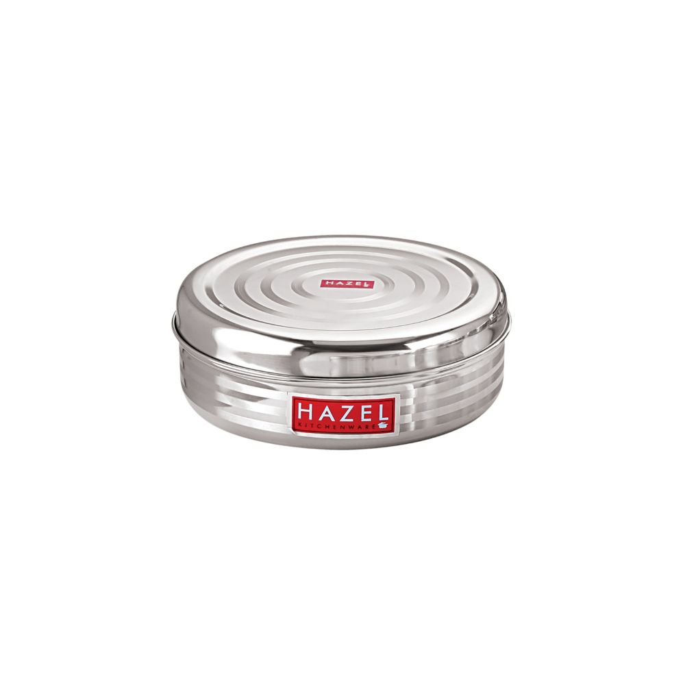 HAZEL Small Stainless Steel Container | Round Container For Kitchen | Container For Kitchen Storage| Small Steel Dabba of Capacity 550 ml