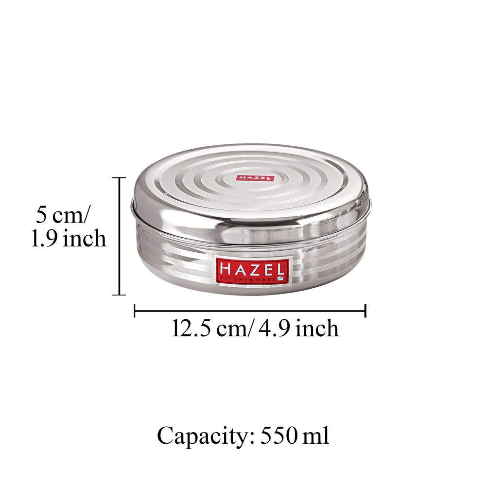 HAZEL Small Stainless Steel Container | Round Container For Kitchen | Container For Kitchen Storage| Small Steel Dabba of Capacity 550 ml