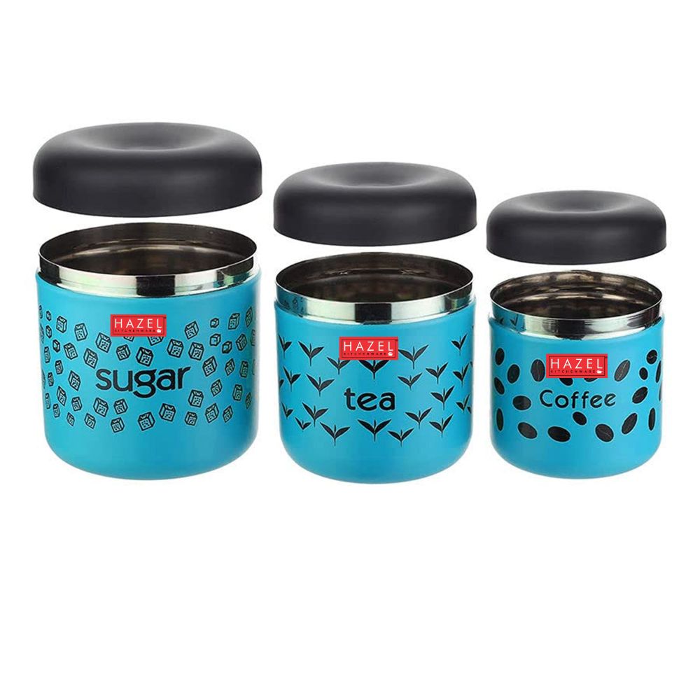 HAZEL Tea Sugar Coffee Container Set of 3 | TSC Stainless Steel Containers For Kitchen | Kitchen Storage Canisters 300 ml to 600 ml, Blue