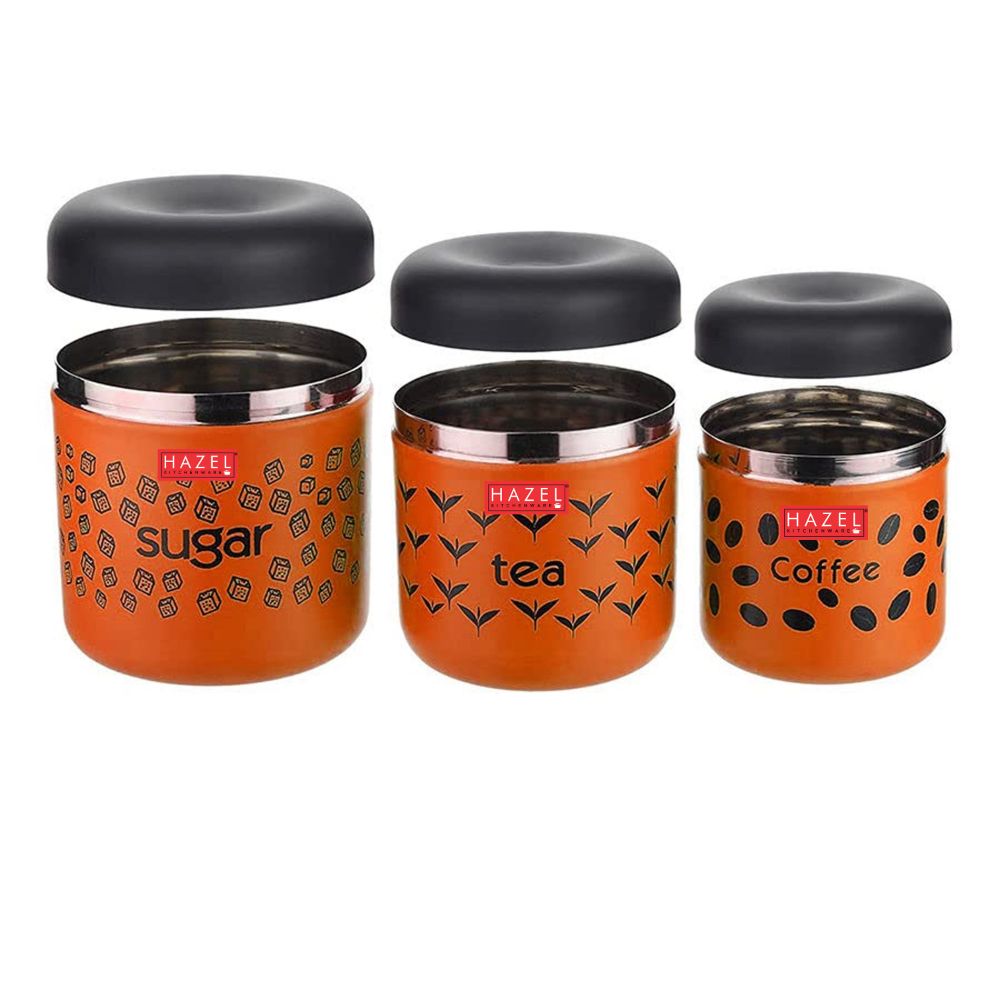 HAZEL Tea Sugar Coffee Container Set of 3 | TSC Stainless Steel Containers For Kitchen | Kitchen Storage Canisters 300 ml to 600 ml, Orange