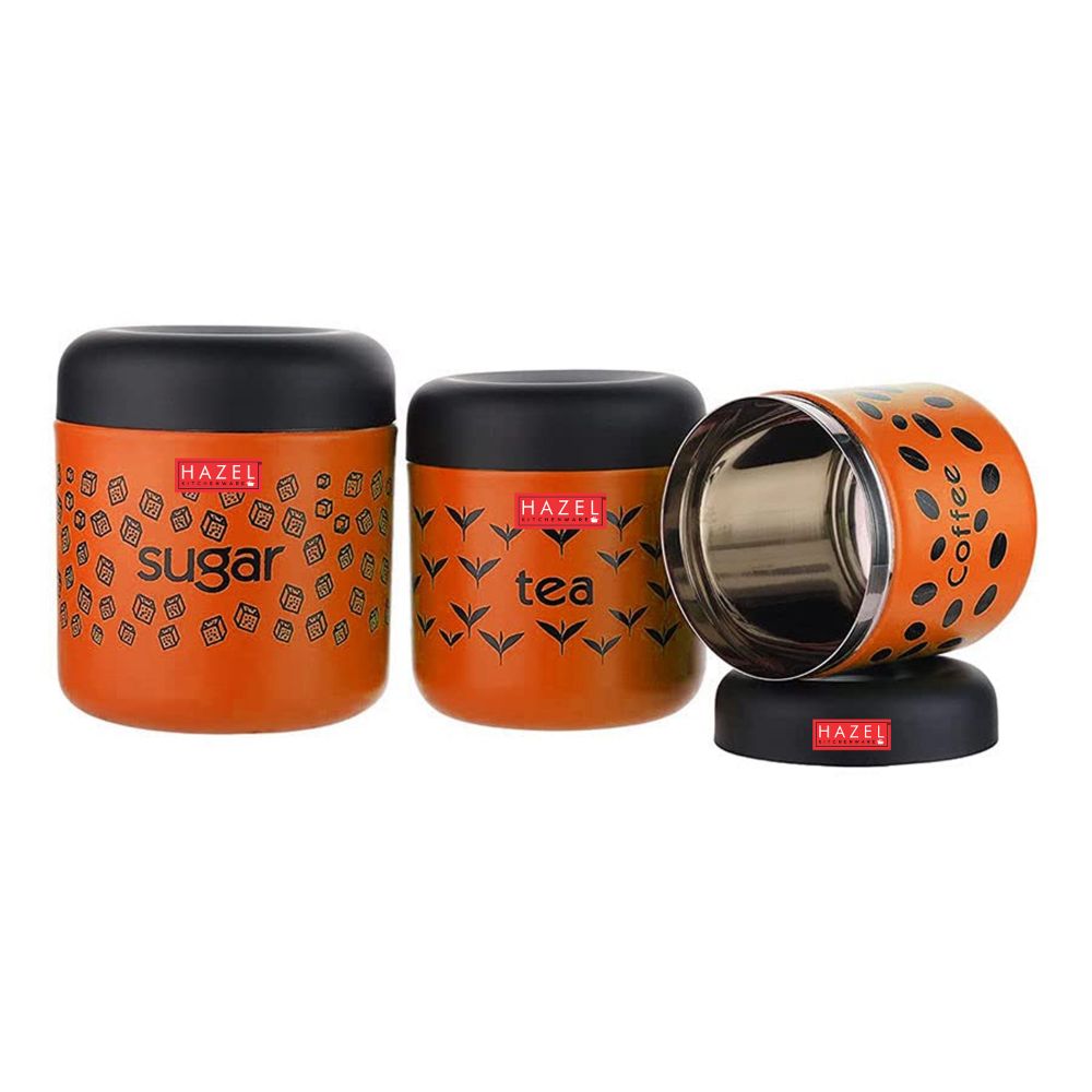 HAZEL Tea Sugar Coffee Container Set of 3 | TSC Stainless Steel Containers For Kitchen | Kitchen Storage Canisters 300 ml to 600 ml, Orange