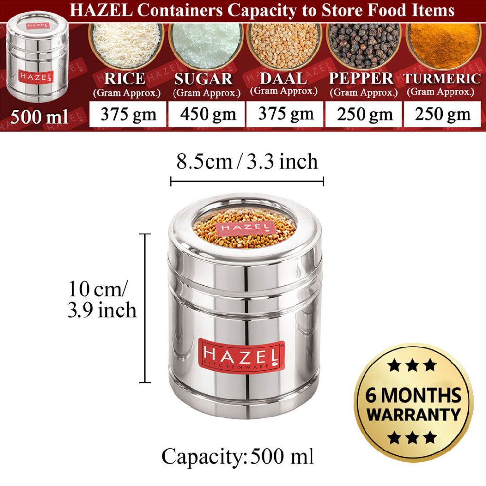 HAZEL Steel Coffee Container with Transparent Lid | Transparent Lid Coffee Powder Storage Box For Kitchen |Food Grade Steel Kitchen Container , 500 ML