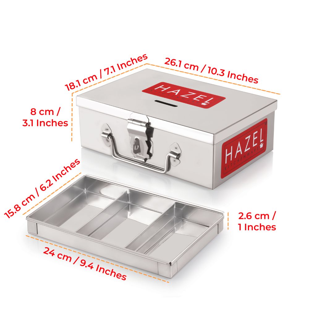 HAZEL Stainless Steel Cash Box for Shop Counter Drawer | Locking Metal Box for Cash with 4 Compartments for Adults, Large