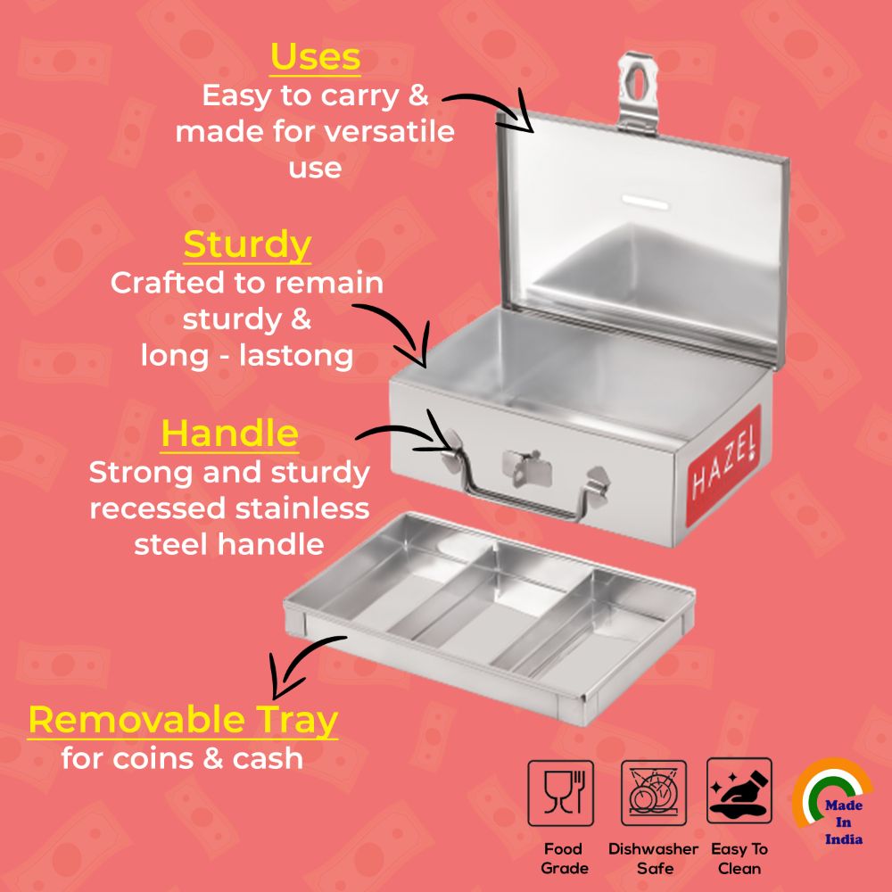 HAZEL Stainless Steel Cash Box for Shop Counter Drawer | Locking Metal Box for Cash with 4 Compartments for Adults, Small