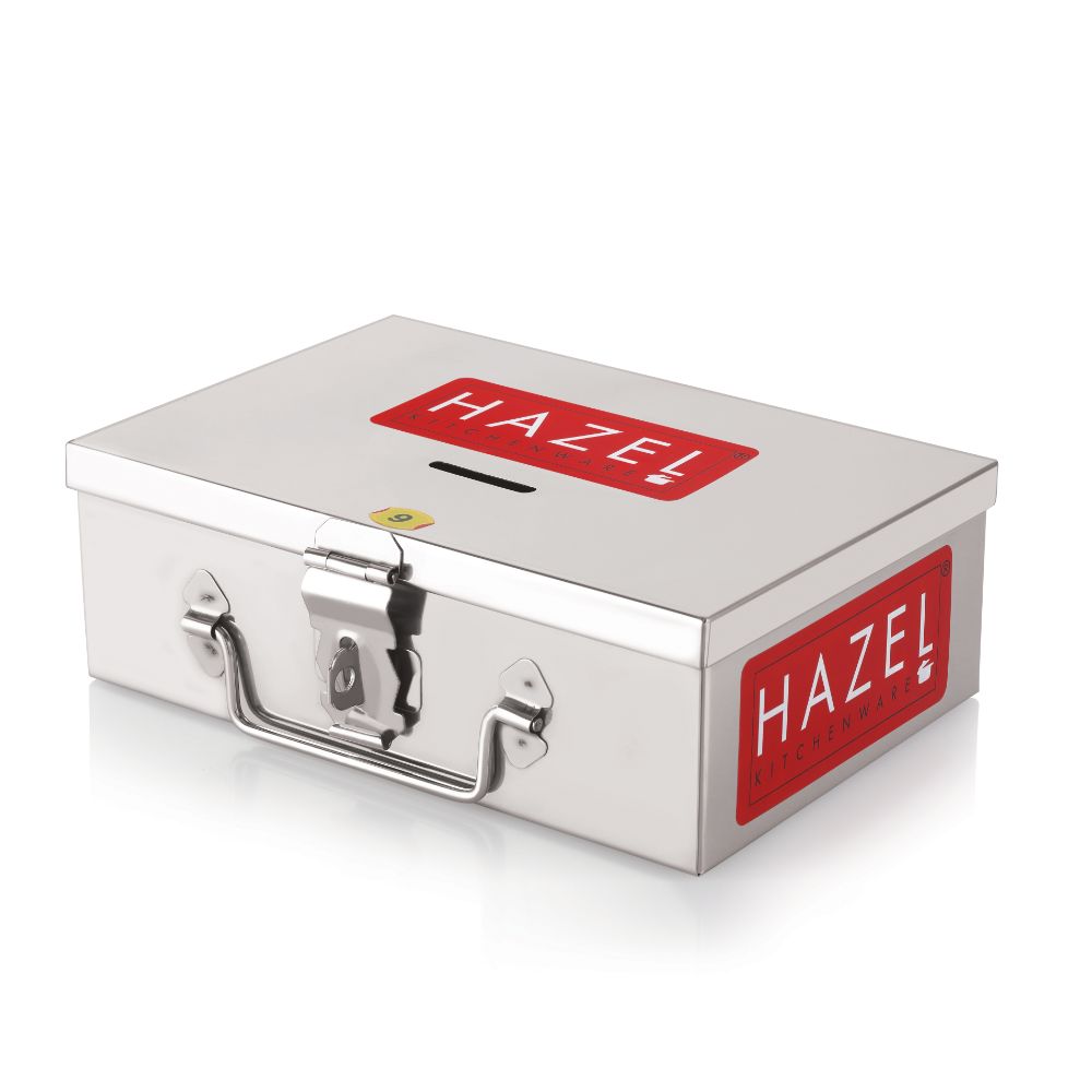 HAZEL Stainless Steel Cash Box for Shop Counter Drawer | Locking Metal Box for Cash with 4 Compartments for Adults, Medium