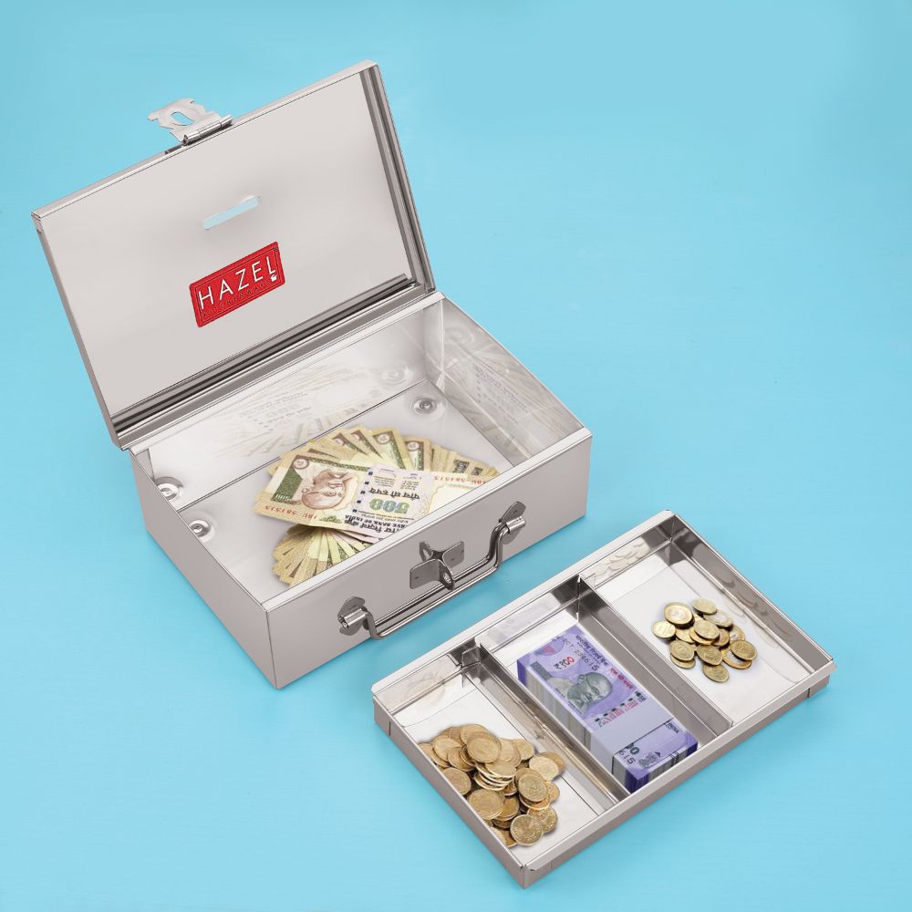 HAZEL Stainless Steel Cash Box for Shop Counter Drawer | Locking Metal Box for Cash with 4 Compartments for Adults, Medium