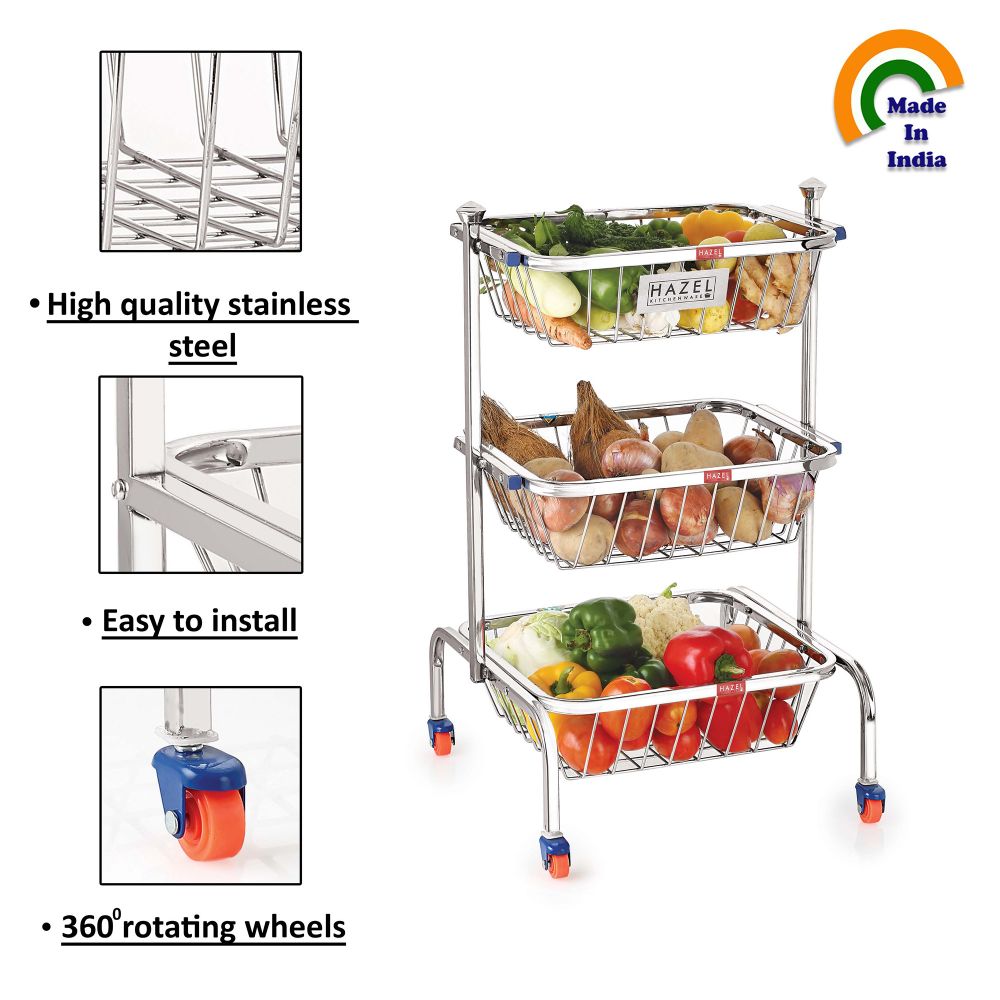 HAZEL Stainless Steel Kitchen Rack Stand For Fruit Vegetable Multipurpose Multi Shelves Storage Basket Trolley with Wheel, 25.28 Inches Height