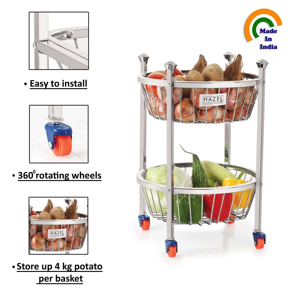 HAZEL Stainless Steel Fruit Vegetable Basket Kitchen Storage Trolley Rack Round Stand with Wheel, 2 Layer, 14.2 x 17.6 Inches