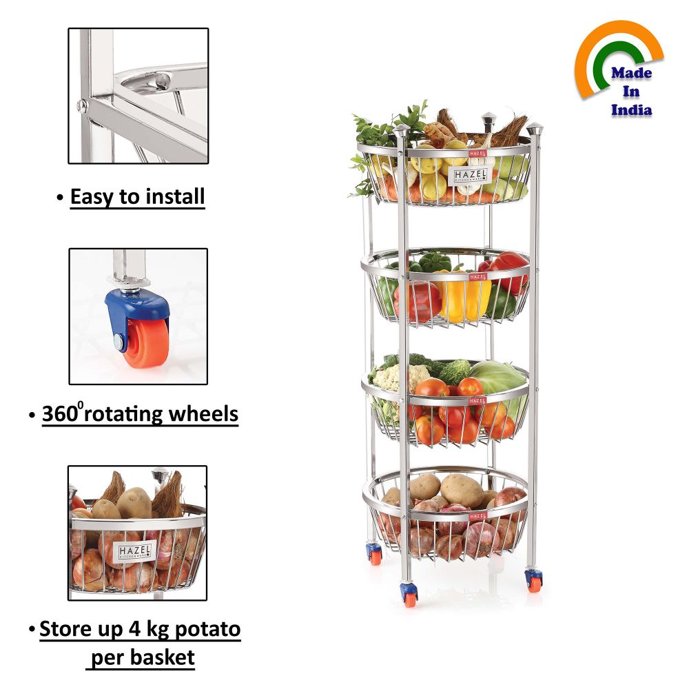 HAZEL Stainless Steel Fruit Vegetable Basket Kitchen Storage Trolley Rack Round Stand with Wheel, 4 Layer, 14.4 x 30.6 Inches