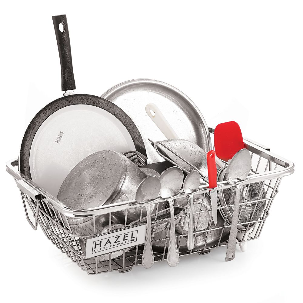 HAZEL Stainless Steel Dish Drainer Bowl Bartan Basket Utensil Drying Rack Square Large Stand for Kitchen