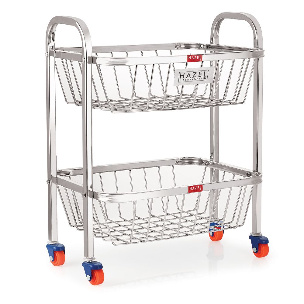 HAZEL Stainless Steel Fruit Vegetable Basket Kitchen Storage Trolley Rack Rectangle Stand with Wheel, 2 Layer, 14 x 18.4 Inches