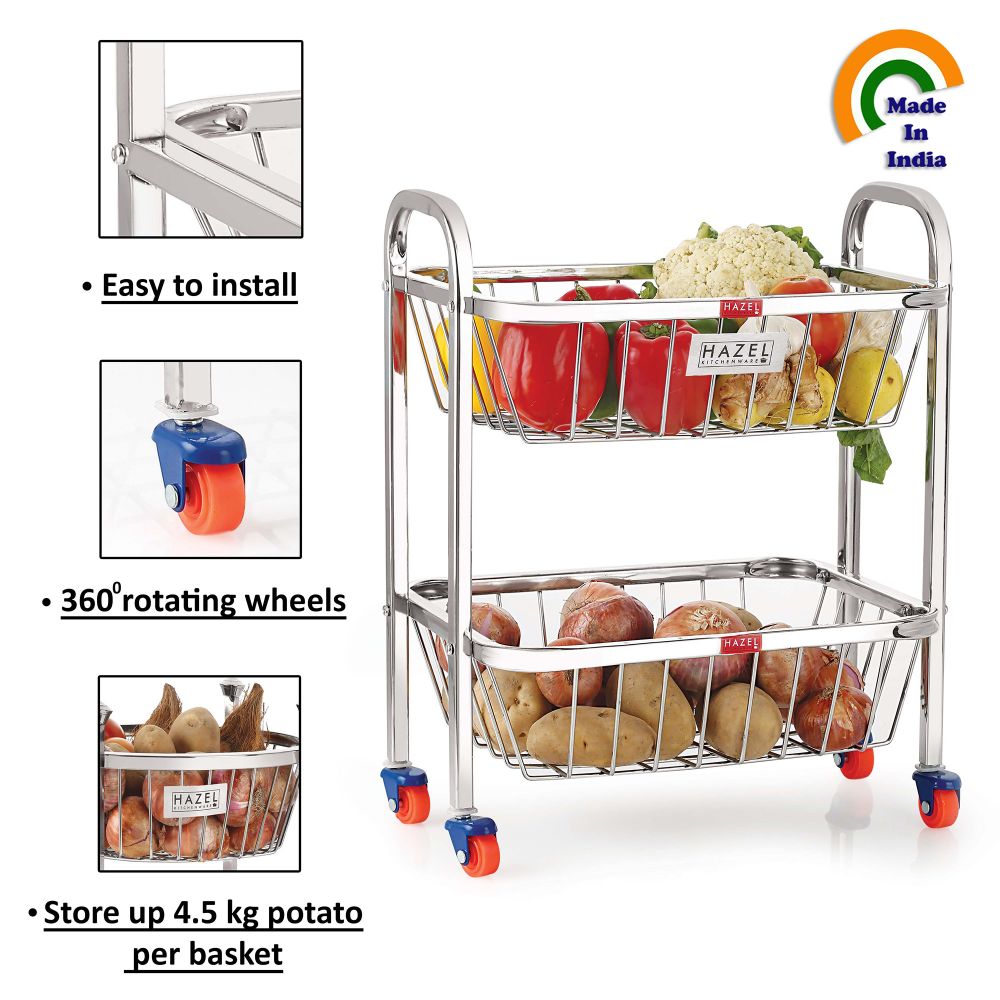 HAZEL Stainless Steel Fruit Vegetable Basket Kitchen Storage Trolley Rack Rectangle Stand with Wheel, 2 Layer, 14 x 18.4 Inches
