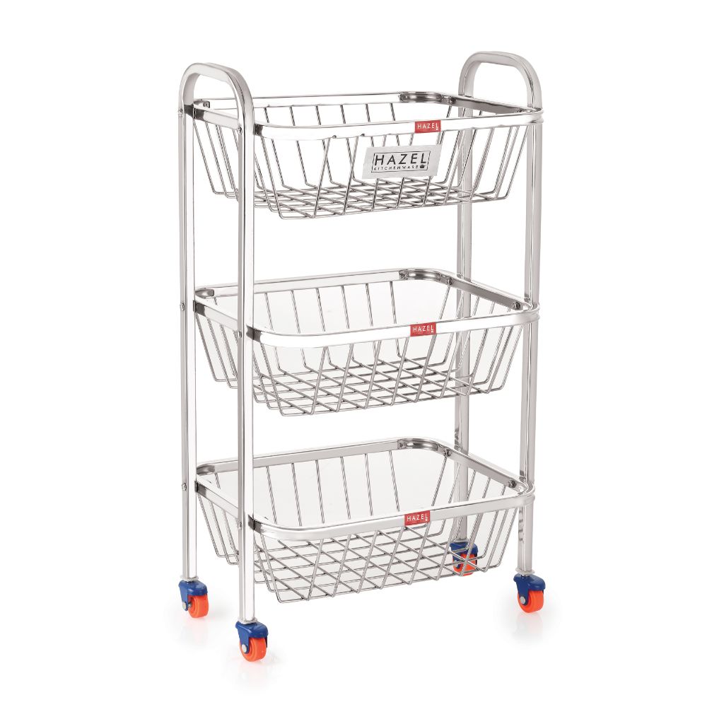 HAZEL Stainless Steel Fruit Vegetable Basket Kitchen Storage Trolley Rack Rectangle Stand with Wheel, 3 Layer, 14 x 24.4 Inches