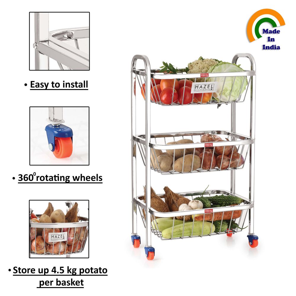 HAZEL Stainless Steel Fruit Vegetable Basket Kitchen Storage Trolley Rack Rectangle Stand with Wheel, 3 Layer, 14 x 24.4 Inches