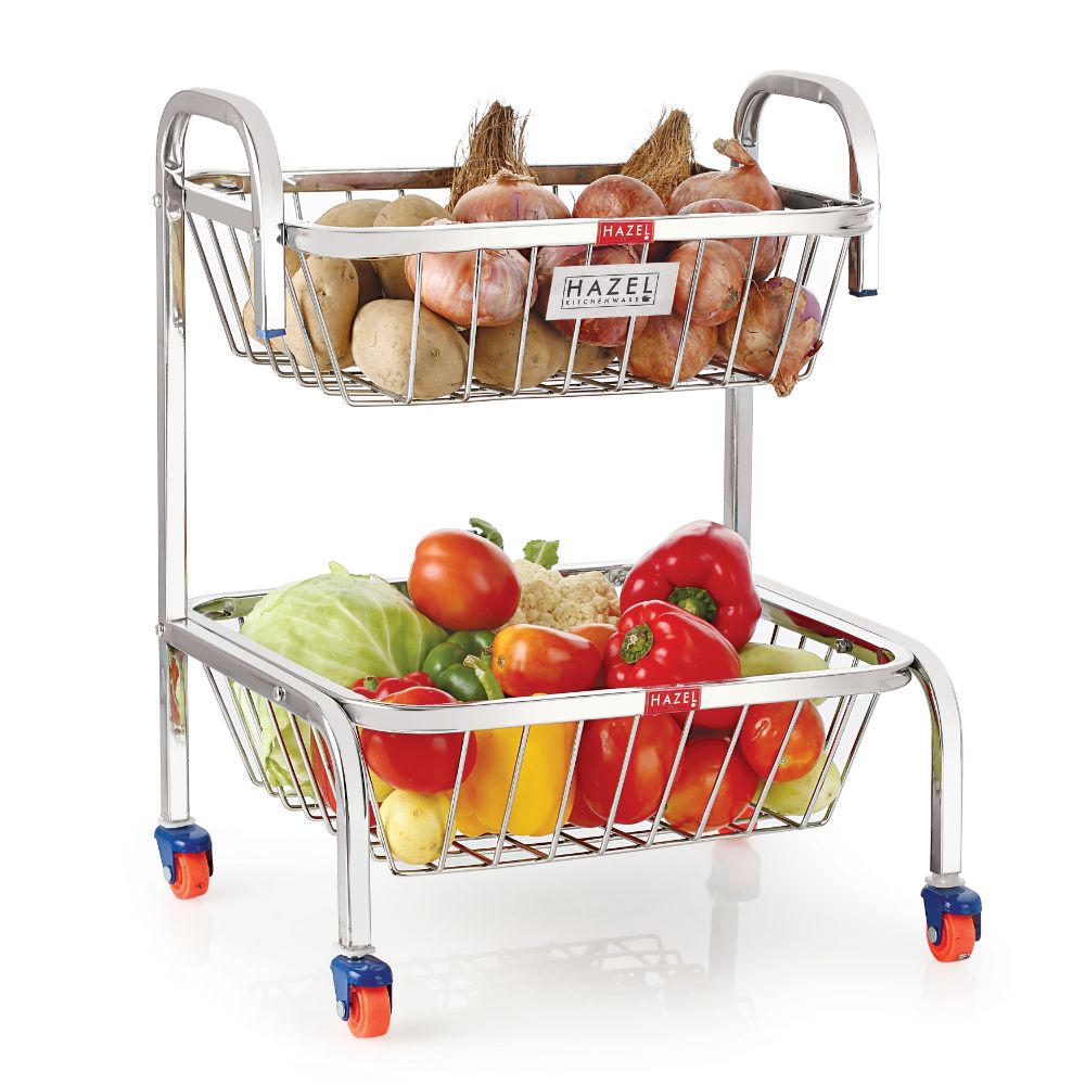 HAZEL Stainless Steel Fruit Vegetable Basket Kitchen Storage Trolley Rack Multi Shelves Stand with Wheel, 2 Layer, 18.2 Inches Height