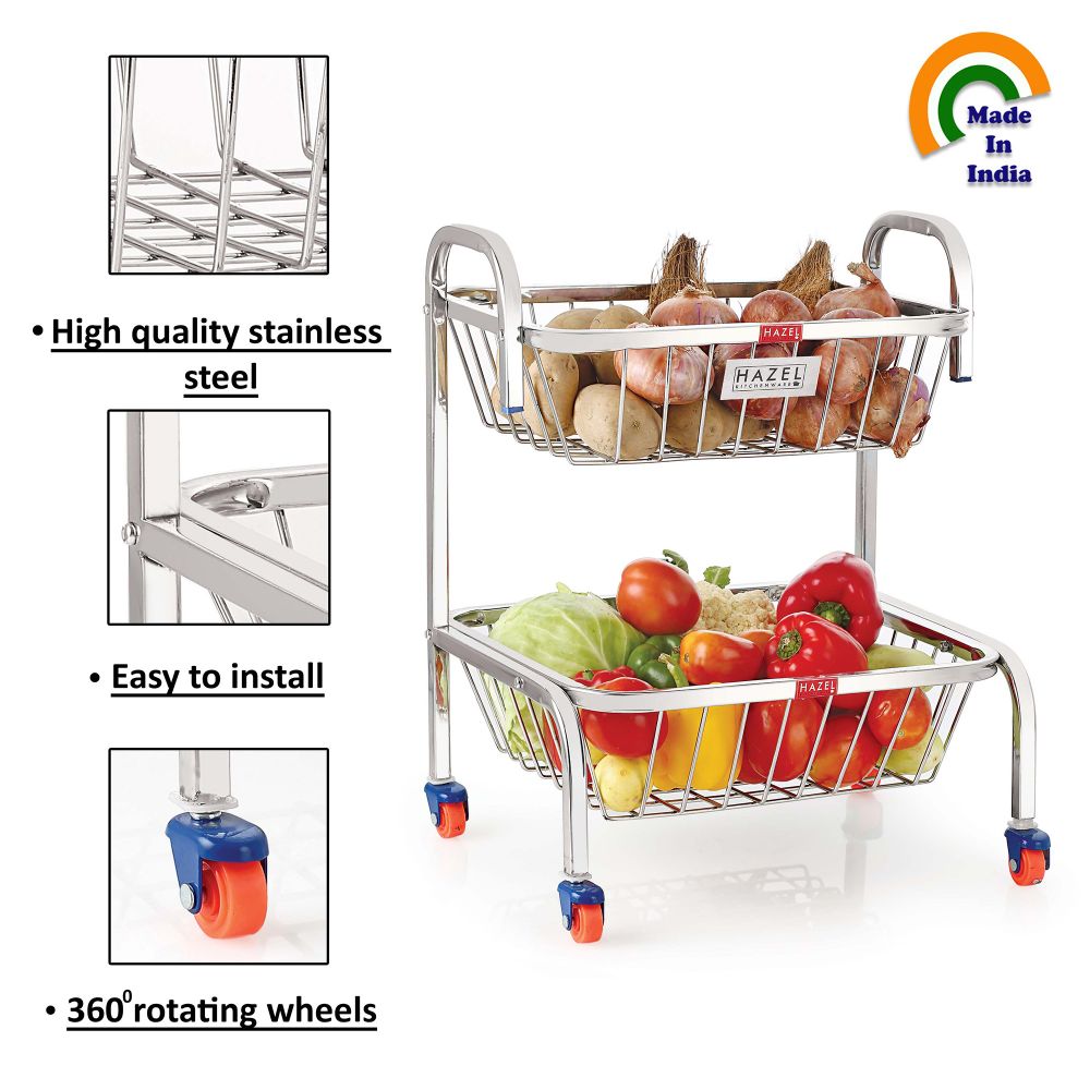 HAZEL Stainless Steel Fruit Vegetable Basket Kitchen Storage Trolley Rack Multi Shelves Stand with Wheel, 2 Layer, 18.2 Inches Height