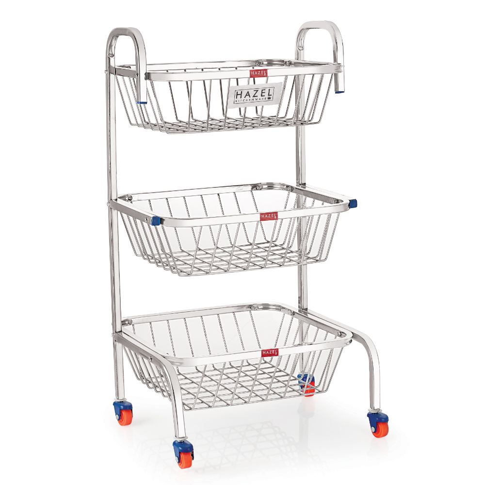 HAZEL Stainless Steel Fruit Vegetable Basket Kitchen Storage Trolley Rack Multi Shelves Stand with Wheel, 3 Layer, 26 Inches Height