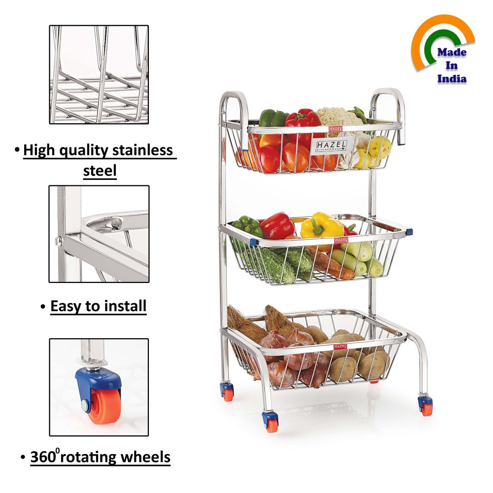 HAZEL Stainless Steel Fruit Vegetable Basket Kitchen Storage Trolley Rack Multi Shelves Stand with Wheel, 3 Layer, 26 Inches Height