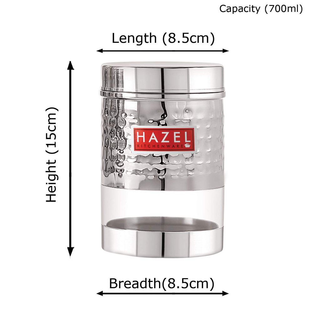 HAZEL Stainless Steel Hammered Finish Transparent Glossy See Through Container, 700 ML, Silver