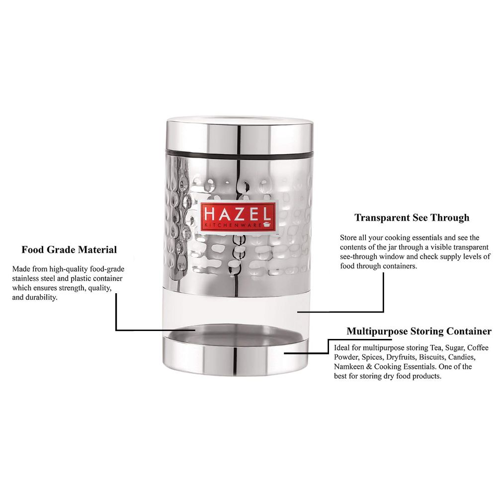 HAZEL Stainless Steel Hammered Finish Transparent Glossy See Through Container, 700 ML, Silver