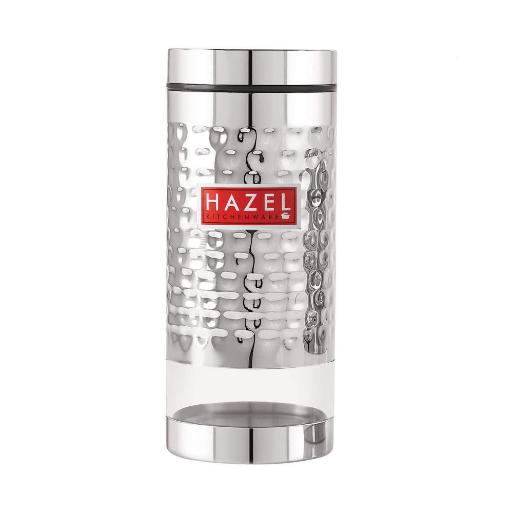 HAZEL Stainless Steel Hammered Finish Transparent Glossy See Through Container, 1000 ML, Silver