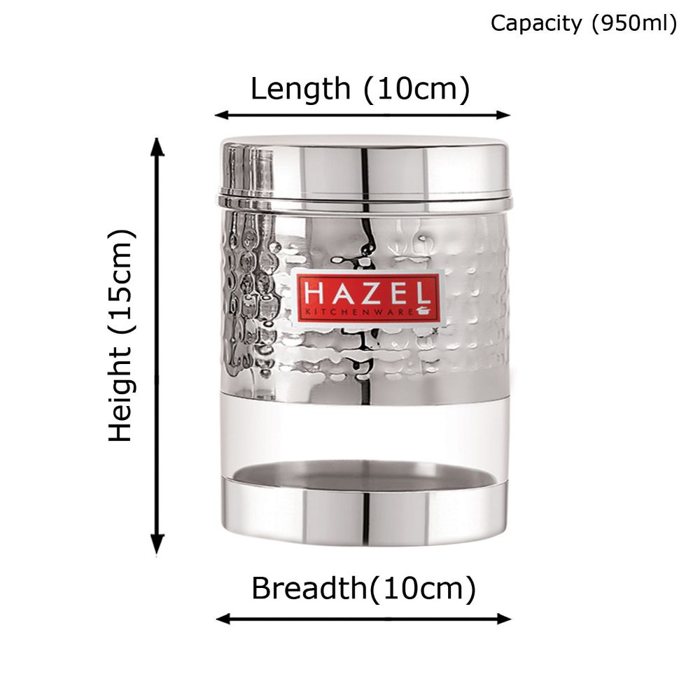 HAZEL Stainless Steel Hammered Finish Transparent Glossy See Through Container, 950 ML, Silver