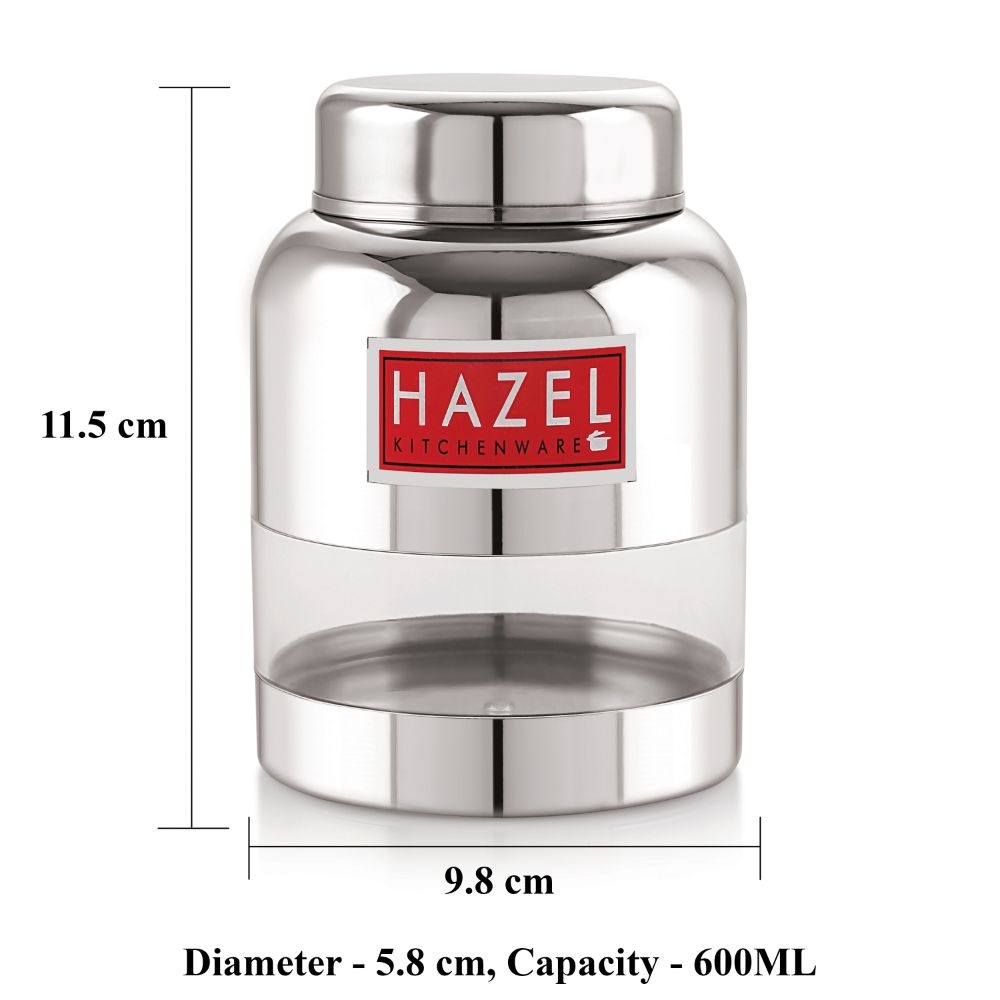 HAZEL Stainless Steel Kitchen Containers with Airtight Lid I Barni Shape Transparent Container with Glossy Finish | See Through Multipurpose Storage Box for Kitchen, 600 ML