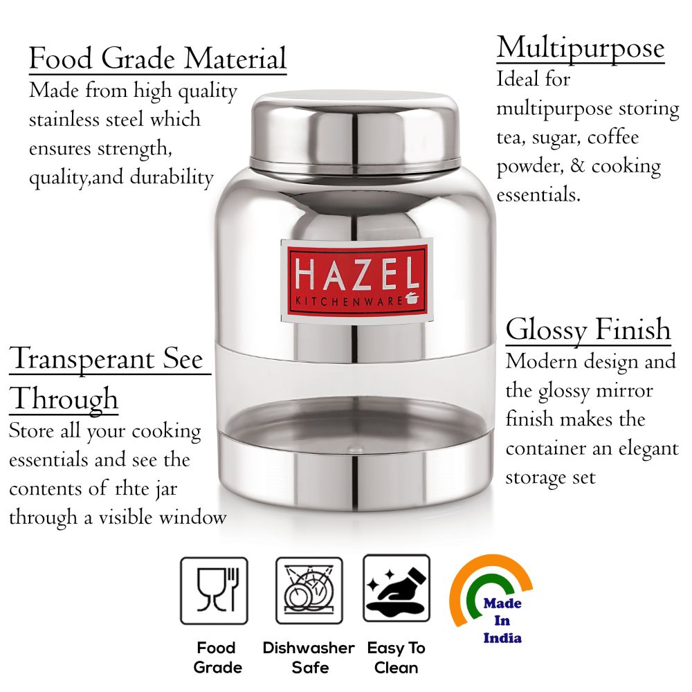 HAZEL Stainless Steel Kitchen Containers with Airtight Lid I Barni Shape Transparent Container with Glossy Finish | See Through Multipurpose Storage Box for Kitchen, 600 ML