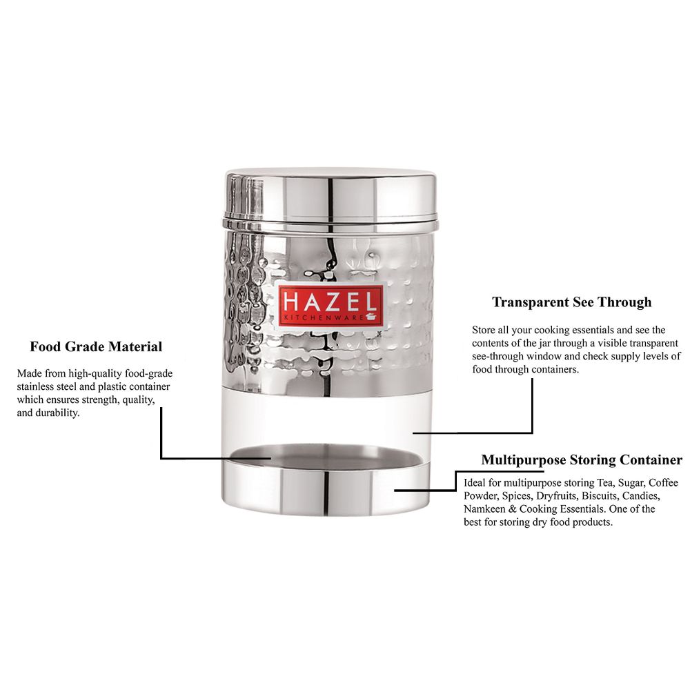 HAZEL Stainless Steel Hammered Finish Transparent Glossy See Through Container, 1350 ML, Silver