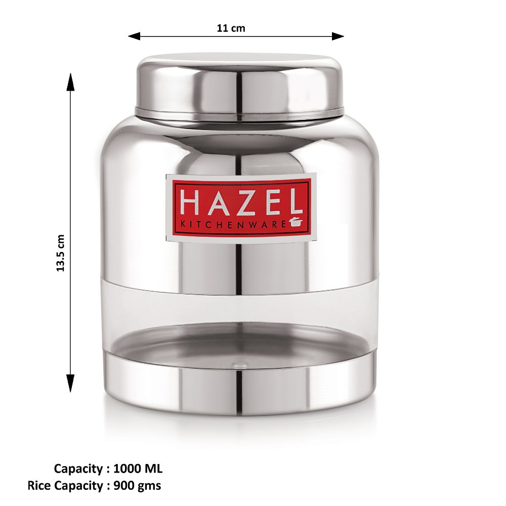 HAZEL Stainless Steel Transparent Glossy Finish Airtight See Through Container Barni Set of 1, 1000 ML, Silver