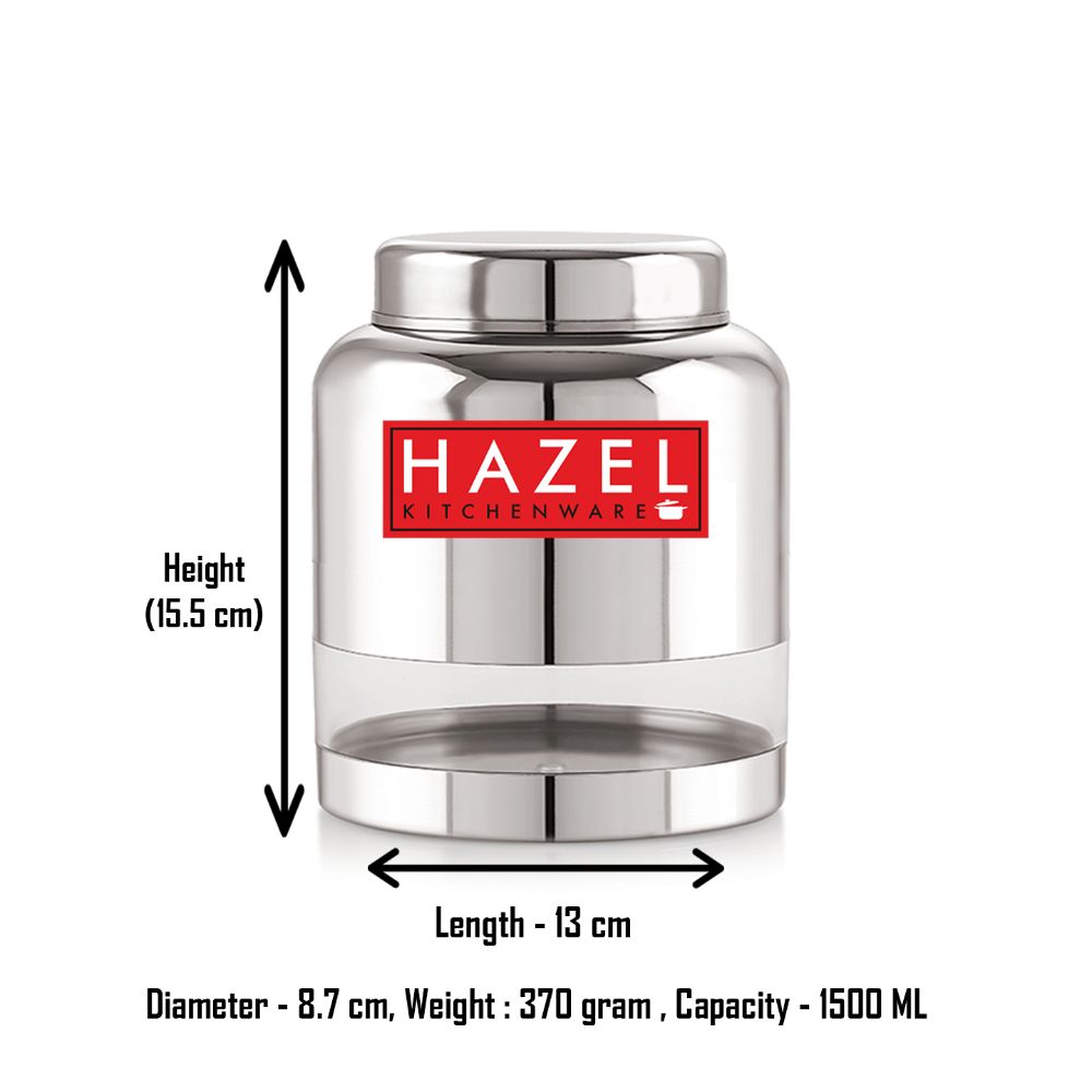 HAZEL Stainless Steel Transparent Container Glossy Finish Airtight See Through Jar Barni, 1500 ML, Silver