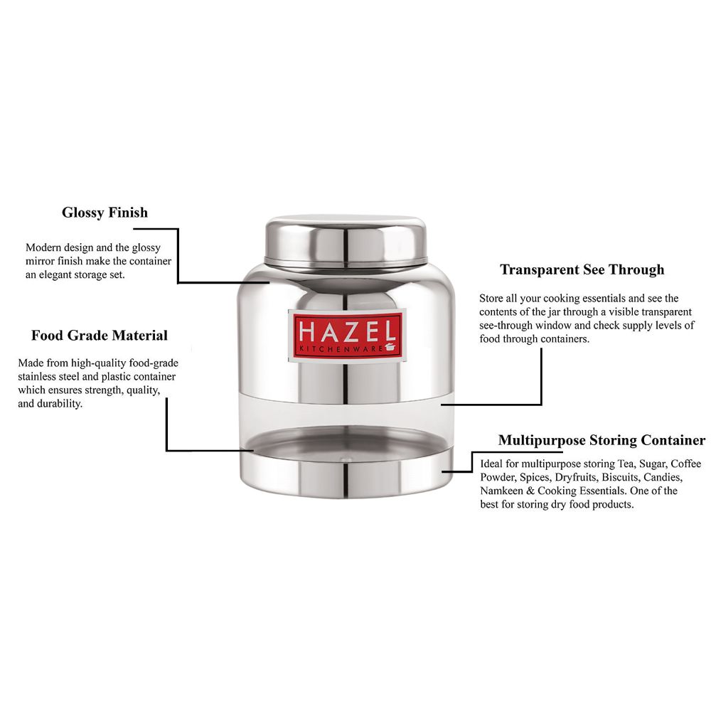 HAZEL Stainless Steel Transparent Container Glossy Finish Airtight See Through Jar Barni, 1500 ML, Silver