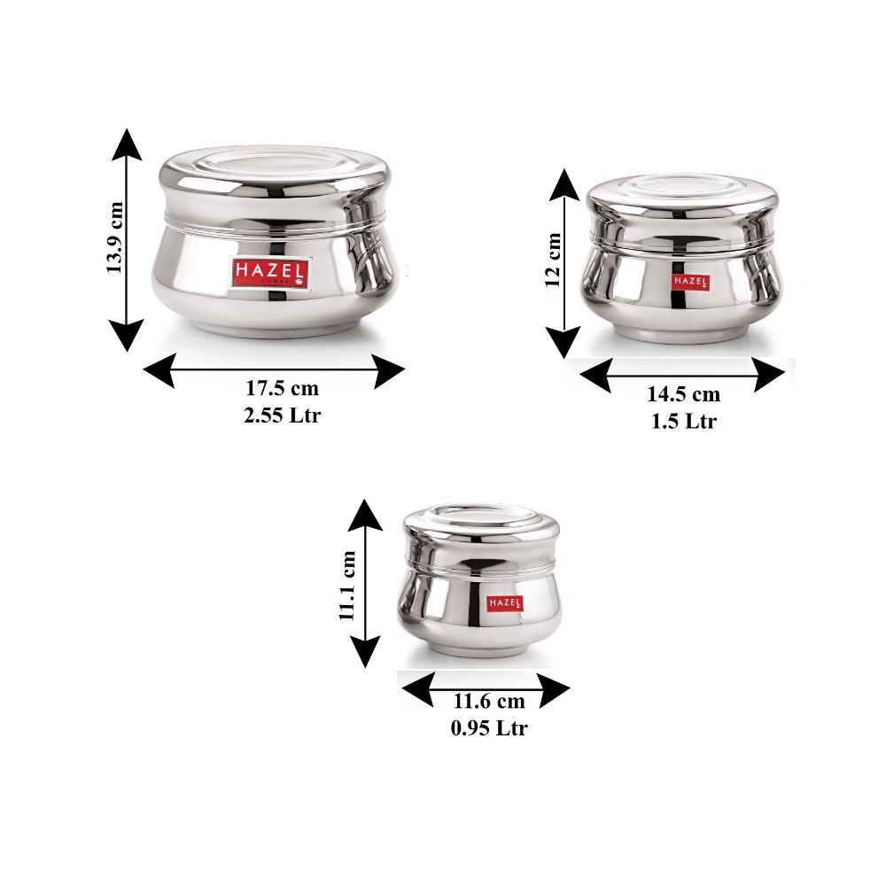 HAZEL Stainless Steel Unique Design Mataka Shape Container Set of 3 Pc, 950 to 2550 ml, Silver