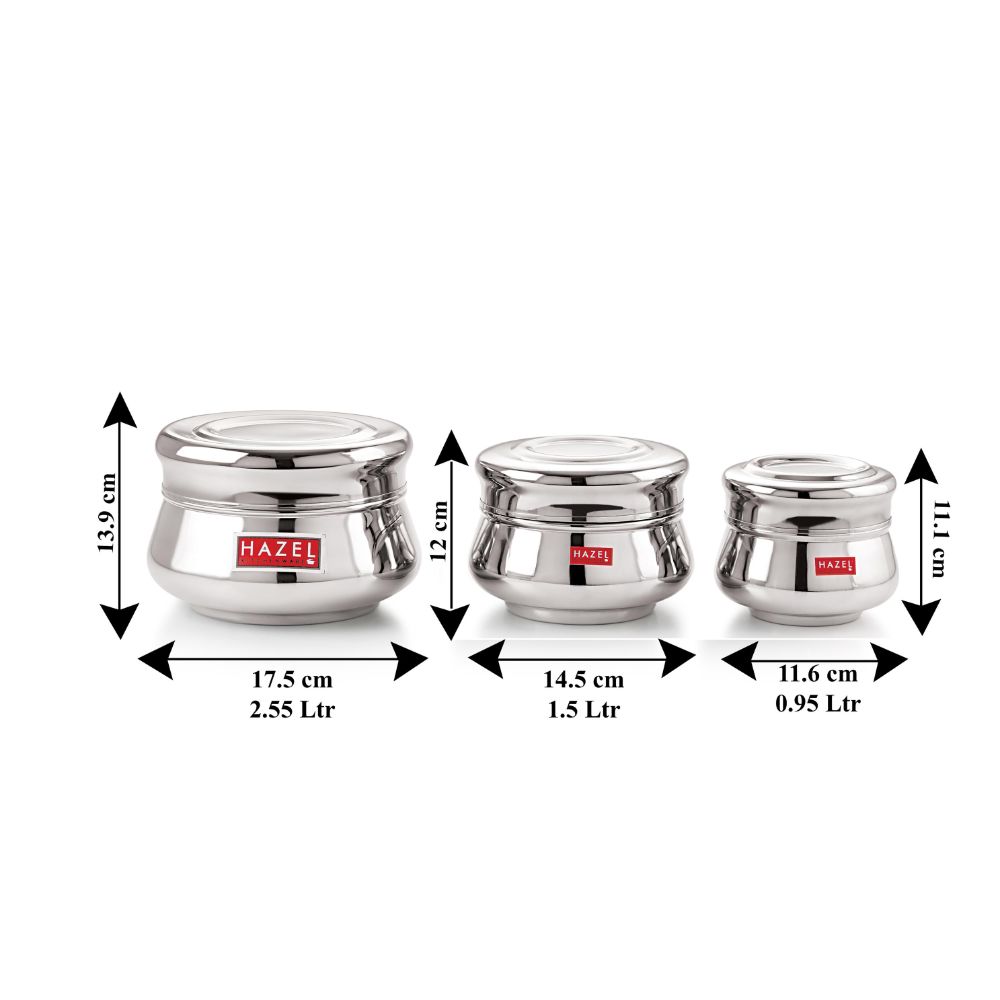 HAZEL Stainless Steel Unique Design Mataka Shape Container Set of 3 Pc, 950 to 2550 ml, Silver