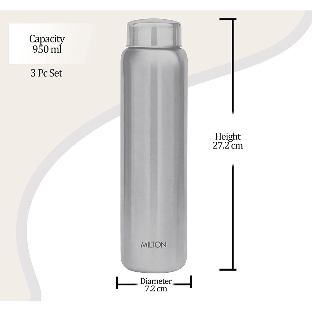 Milton Aqua 1000 Stainless Steel Water Bottle, 950 ml Each, Set of 3, Silver