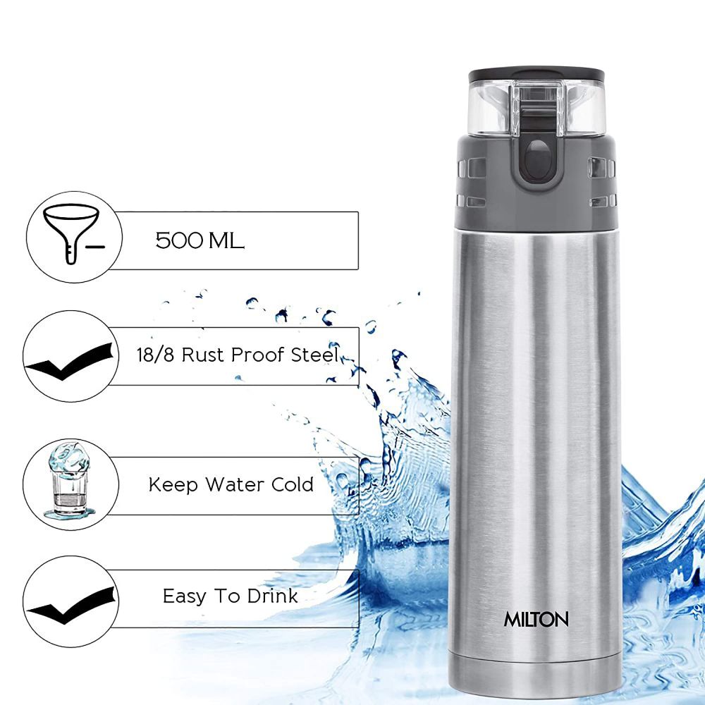 Milton Atlantis-600 Thermosteel Hot and Cold Vacuum Insulated Water Bottle, 500 ML, Silver