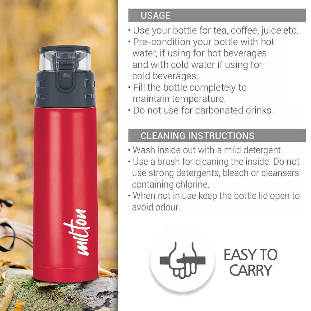 Milton Atlantis 600 Thermosteel Insulated Water Bottle, 500 ml, Red | Hot and Cold | Leak Proof | Office Bottle | Sports | Home | Kitchen | Hiking | Treking | Travel | Easy to Carry | Rust Proof