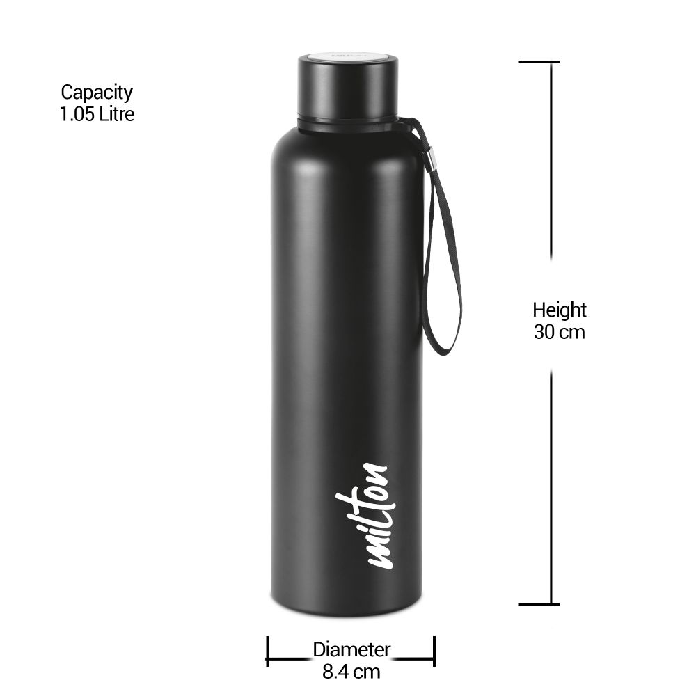 Milton Aura 1000 Thermosteel Bottle, 1.05 Litre, Black | 24 Hours Hot and Cold | Easy to Carry | Rust & Leak Proof | Tea | Coffee | Office| Gym | Home | Kitchen | Hiking | Trekking | Travel Bottle