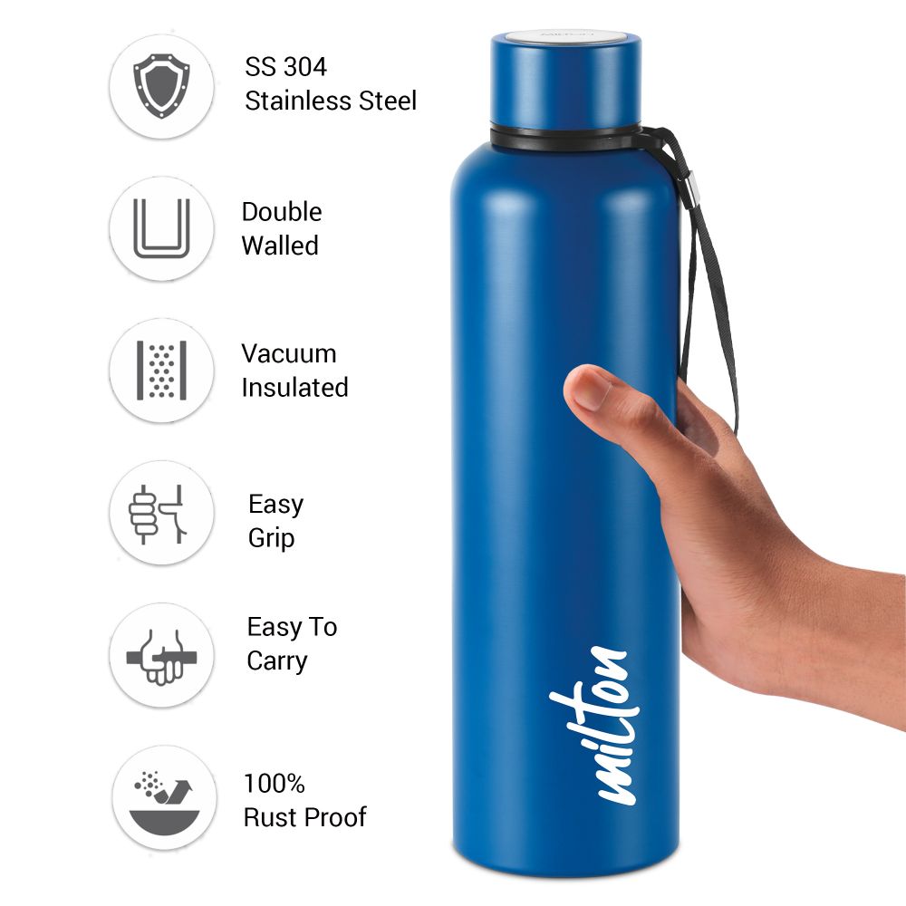 Milton Aura 1000 Thermosteel Bottle, 1.05 Litre, Dark Blue | 24 Hours Hot and Cold | Easy to Carry | Rust & Leak Proof | Tea | Coffee | Office| Gym | Home | Kitchen | Hiking | Trekking | Travel Bottle