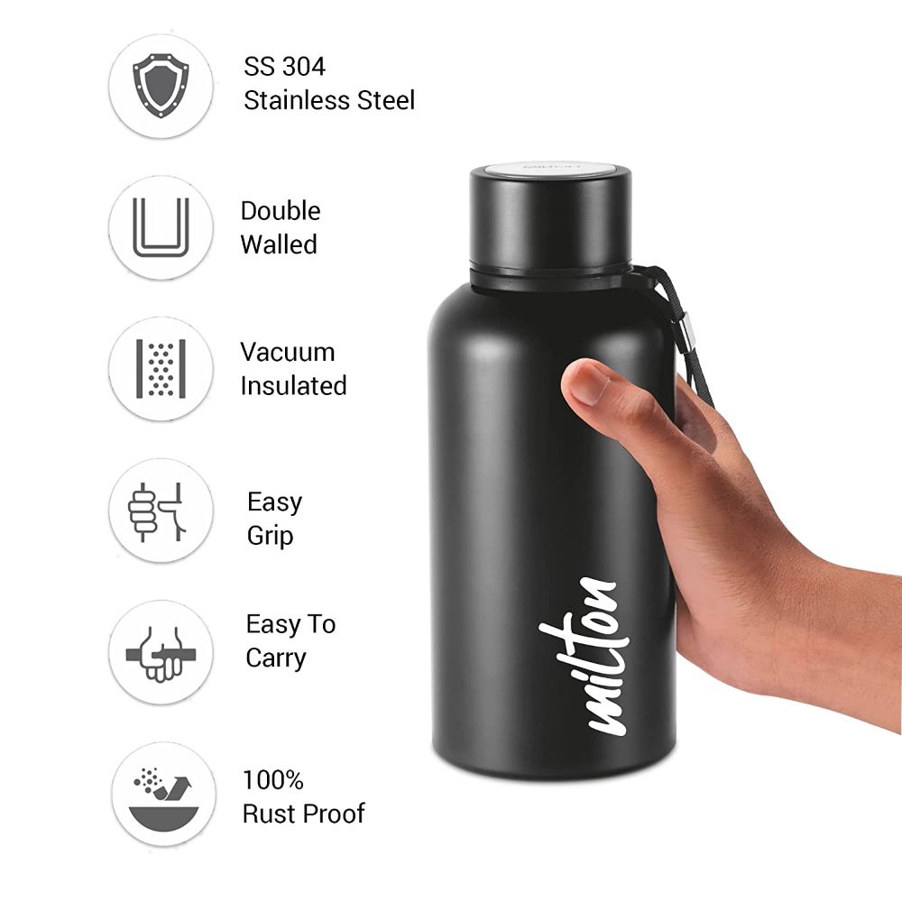 Milton Aura 500 Thermosteel Bottle, 520 ML, Black | 24 Hours Hot and Cold | Easy to Carry | Rust Proof | Leak Proof | Tea | Coffee | Office| Gym | Home | Kitchen | Hiking | Trekking | Travel Bottle